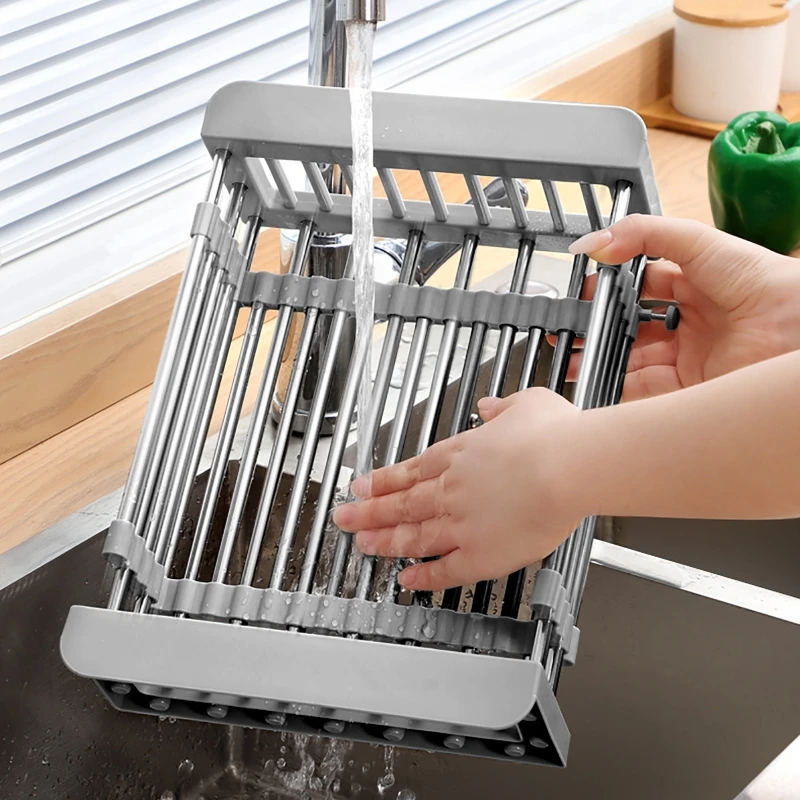 

Kitchen Stainless Steel Retractable Drain Rack Fruit Vegetable Drainer Shelf Kitchen Tableware Dish Drainer Rack Storage Shelves