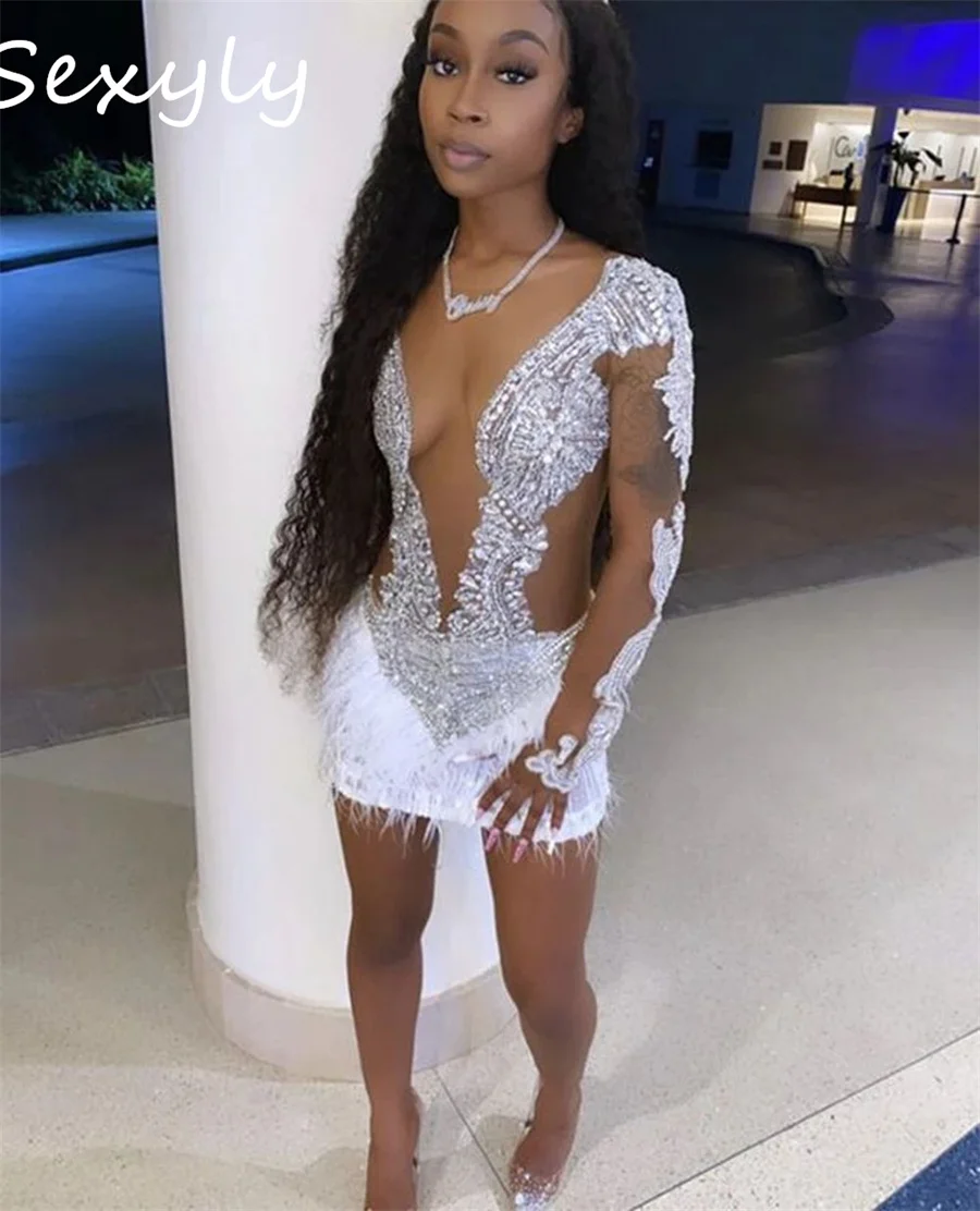 

Luxury White Feather Prom Dress For Black Girl See Through Long Sleeve Short Cocktail Birthday Party Skirt Graduation Evening