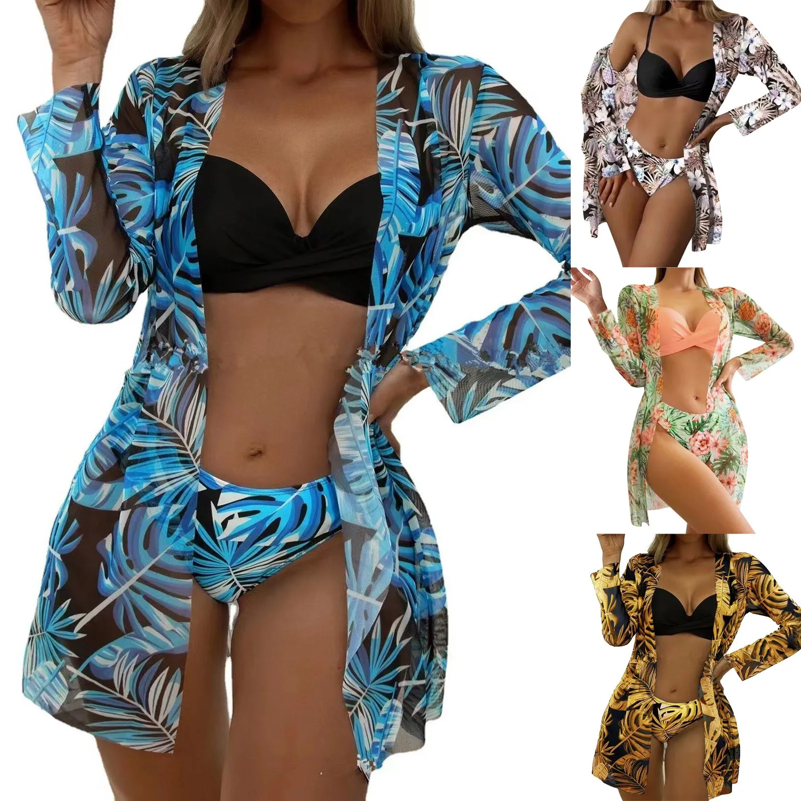 

Женская купальная одежда, накидки, пикантный пляжный купальник бикини с открытой передней частью, кимоно, кардиган, накидка, длинный женский комбинезон с подсолнухом, Размер 14