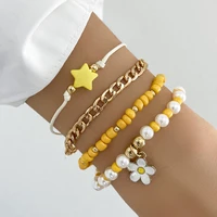 bohemian 4 pcsset beads bracelets for women vintage dangle daisy star bangle pearl rope cuban wrist chains jewelry female gifts