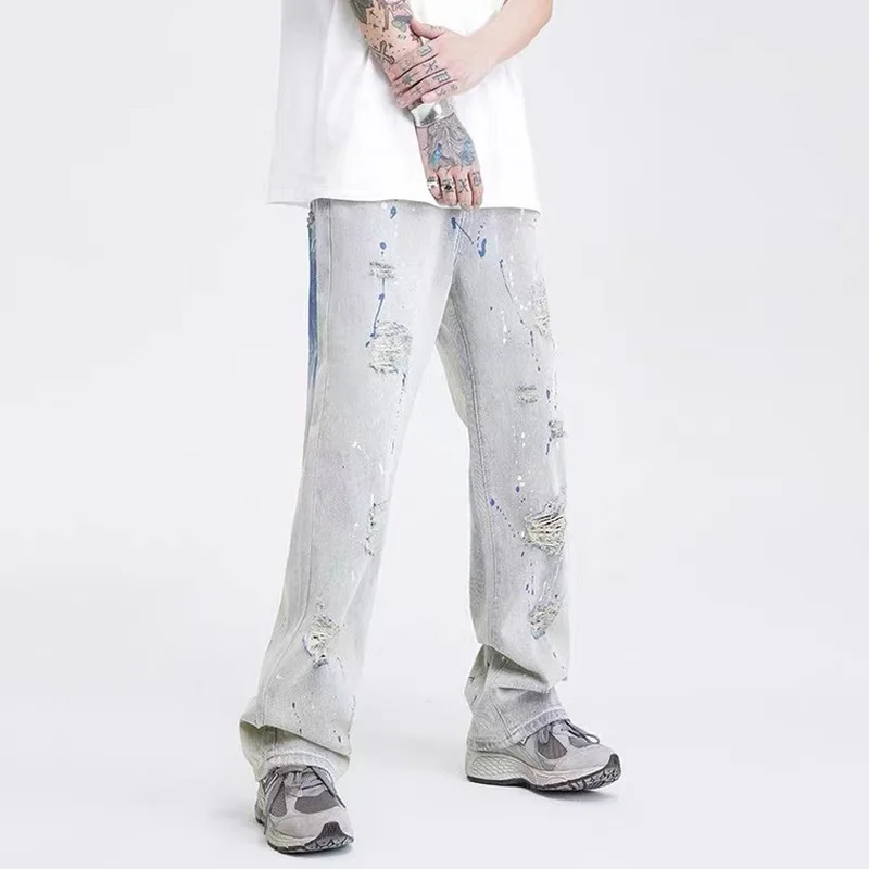 Four Seasons Men's Jeans American High Street Hole Retro Splattered Loose Y2k Pants Men's Korean Fashion Street Men's Aesthetic