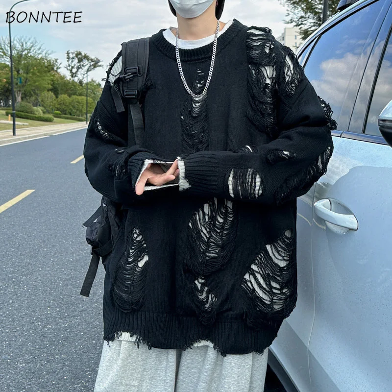 

Sweater Men Fake Two Pieces Pullovers Winter New Fashion Hole Knitting All-match Design Simple Daily Leisure Harajuku Clothes