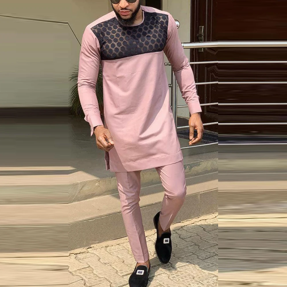 Kaftan Men Suit Set Lace Long-sleeved Top Trousers African Ethnic Style Dress Wedding 2pcs Sets Luxury Man Clothing Costumes