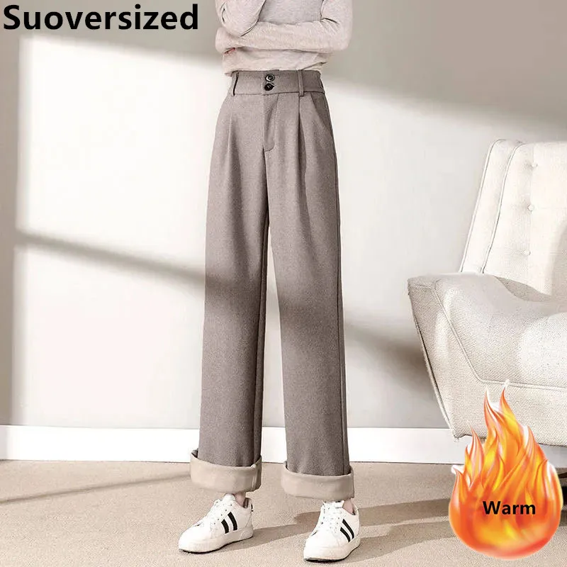 

Women's Wool Blend Plus Velvet Straight Pants High Waisted Warm Thicken Winter Casual Wide-leg Pantalon Korean Loose Trousers