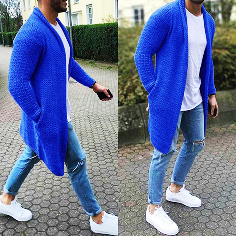 

Men's Wool Cardigan Spring Autumn Warm Thick Solid Spacious Pocket Fashion Long 3XL Sweaters Knitted Cotton Casual Male Jackets