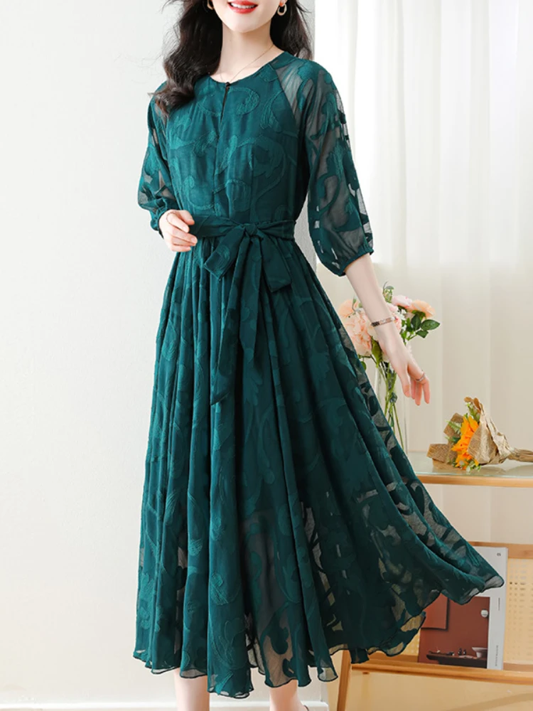 

Летние платья для женщин, однотонные свободные кружевные красные длинные платья, Модная элегантная уличная одежда, элегантные женские платья с круглым вырезом, винтажное платье