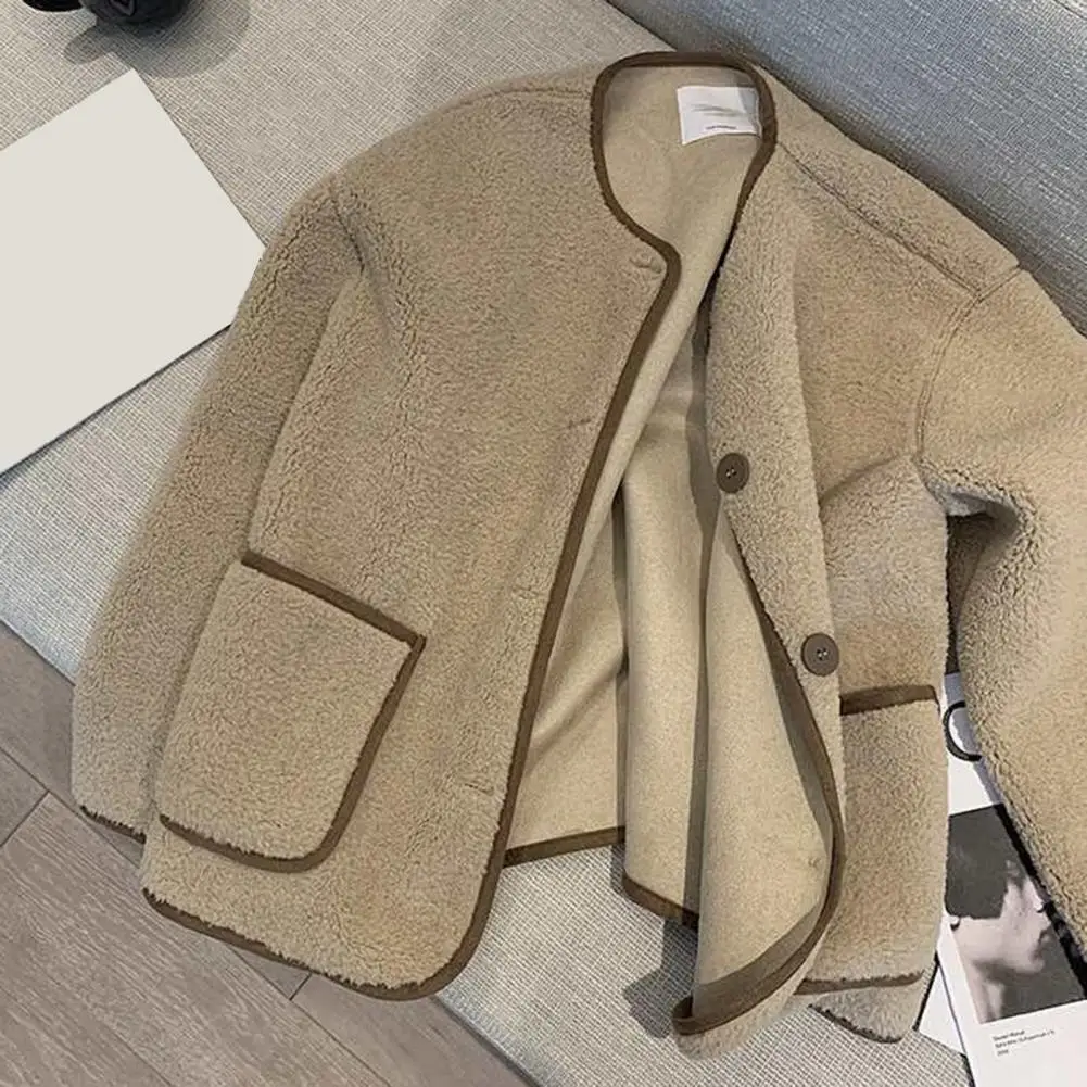 

Пальто с круглым вырезом Стильное женское зимнее пальто в Корейском стиле с накладными карманами теплая свободная однобортная куртка для холода