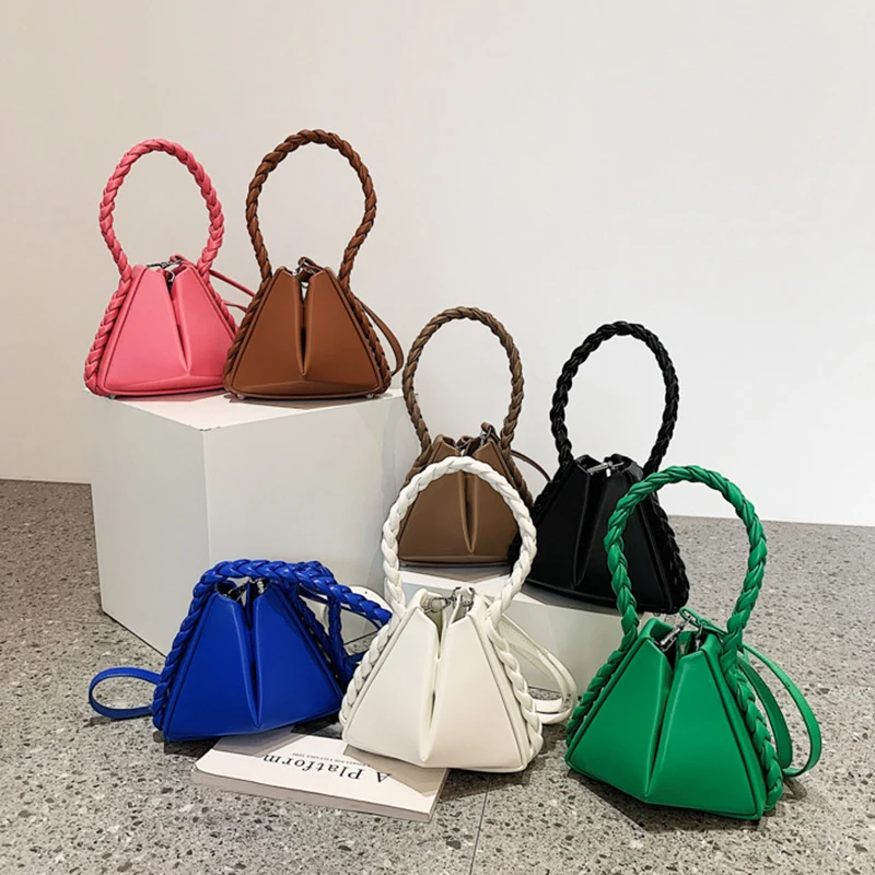 

Woven Handlebar Women's Pu Handbag High Quality Magnetic Button Solid Color Messenger Bag Fashion Folding Design Shoulder Bag
