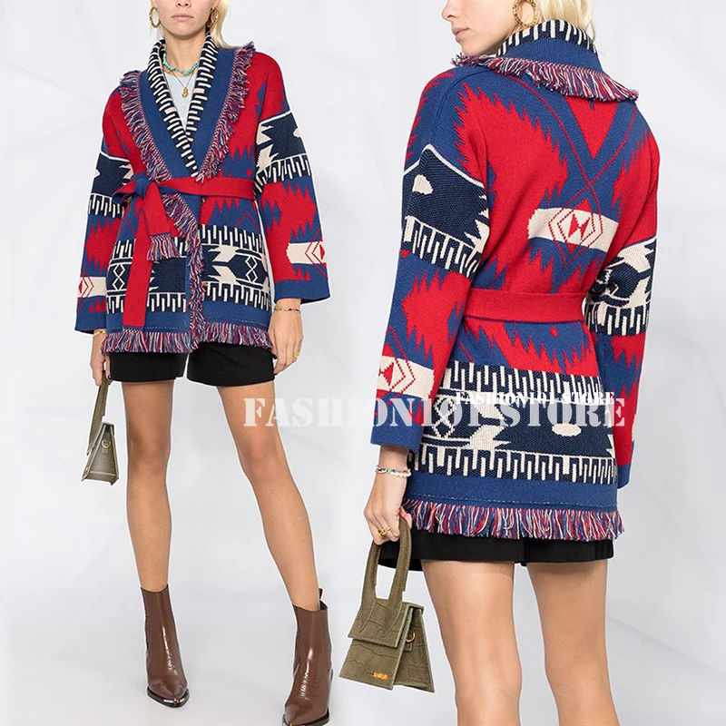 

luxury designer women vintage hippie weatern Tassel Indian ethnic cowboy print Knitted Cardigan Casual oversized Sweater jumper