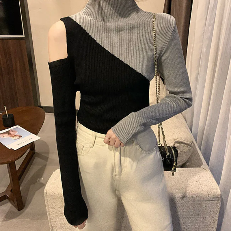 

Sexy Soft Off Shoulder Bottoming Tops Women 2022 Spring Korean Slim Fit Jumpers New Splicing Turtlenecks for Ladies