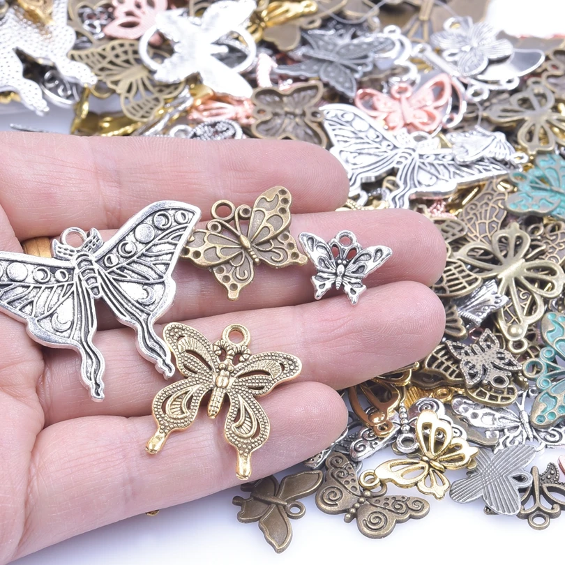

30/50/100Pcs Mix Butterfly Moth Pendant Silver Antique Gold Bronze Rose Gold Color Cutout Insect Animal Charm For Making Jewelry