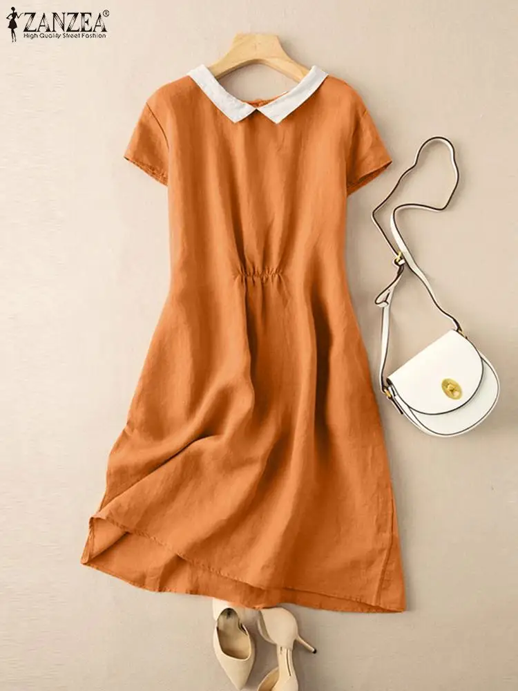 

Платье ZANZEA женское длинное с коротким рукавом, праздничный Модный повседневный однотонный свободный сарафан с отложным воротником, 2022