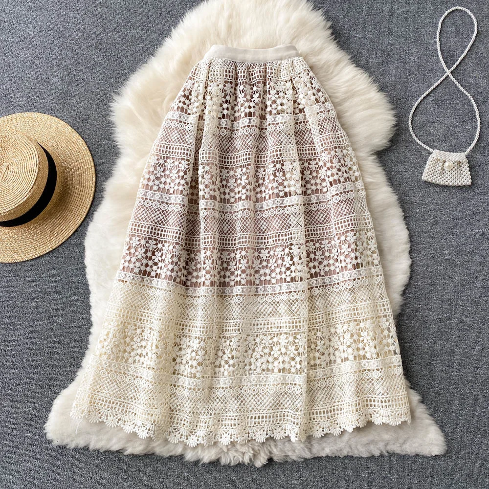 

Korean Fashion Women Lace Skirt New Spring Summer Elegant Lady High Elastic Waist Crochet Hollow Out A-line Skirts with Lining