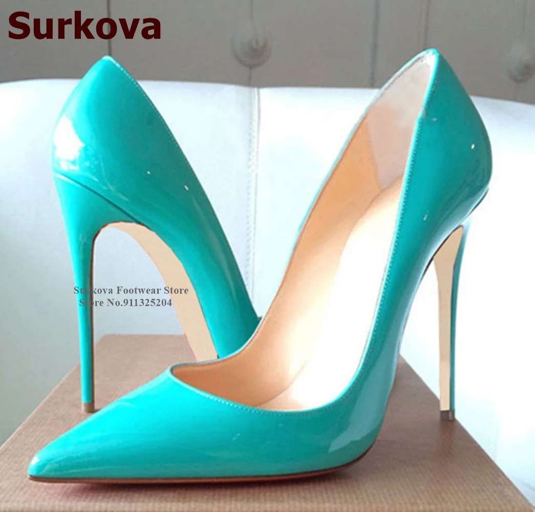 Surkova 12cm High Heel Shallow Cut Dress Pumps Hot Pink Red Patent Leather Wedding Shoes Pointed Toe Size45 Party Heels 10cm 8cm