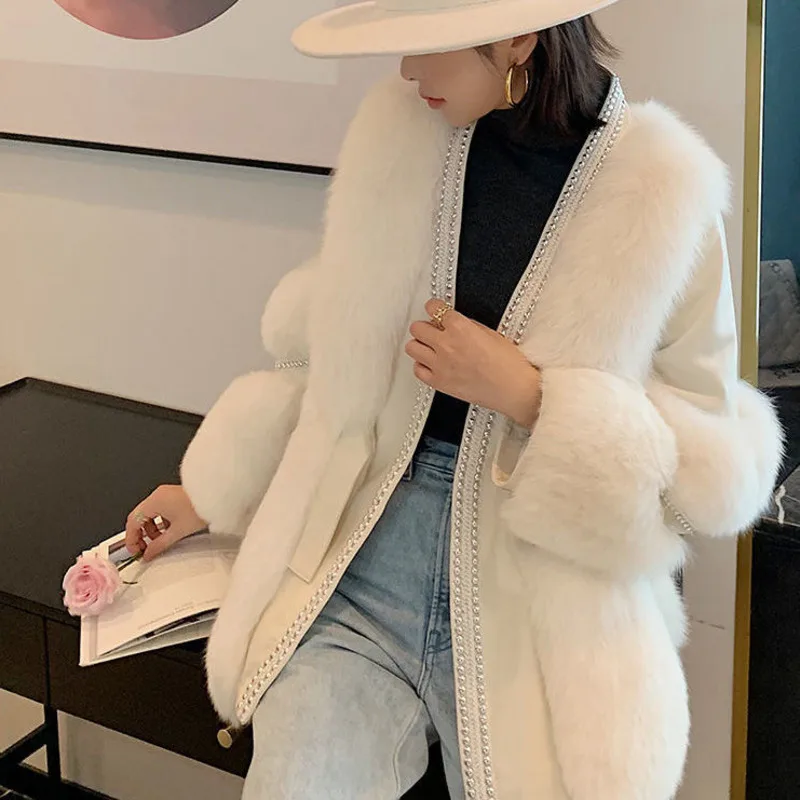 pink fox fur faux Winter New Soft Warm Fox Fur Coat Female V Neck Puff Sleeves Female Luxury Patchwork Coats Clothing  korean