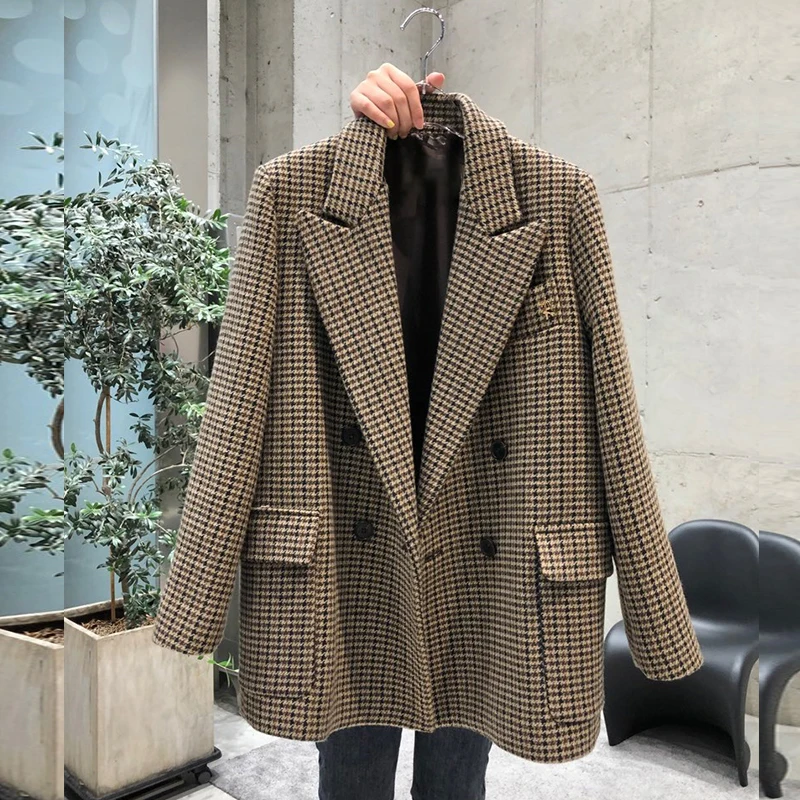 Fashion Plaid Retro Suit for Women 2023 Spring and Autumn New Korean Style Elegant Straight Long Sleeve Single-Breasted Jacket