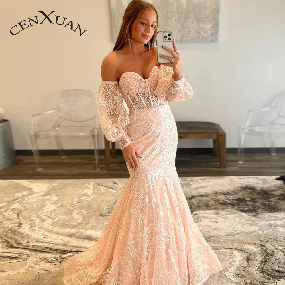 

CENXUAN Graceful Trumpet Prom Dresses For Women Sweetheart Puff Sleeve Lace Appliques Cut-out Vestido De Noche Personalised