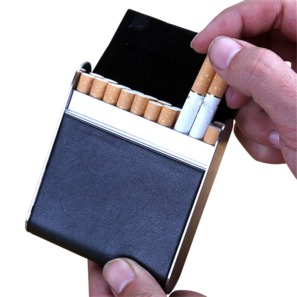 

Stainless Steel Flip Cover Cigarettes Case Hold 20pcs 84mm Cigarette Tobacco Holder PU Cigarette Storage Box Men Smoking Gadgets