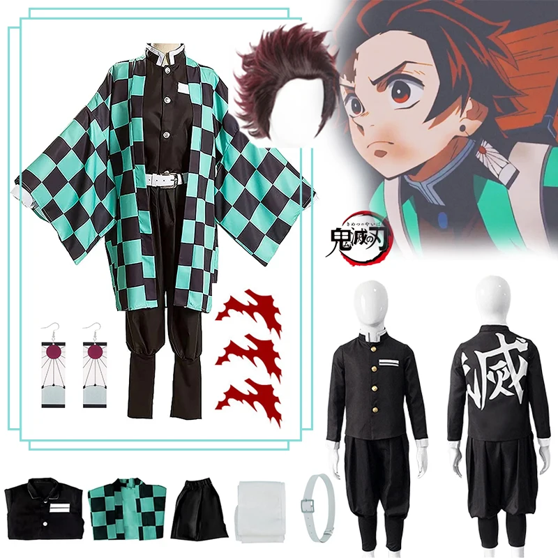 

Tanjiro Cosplay Anime Demon Slayer Tanjirou Kamado Costume Kimetsu No Yaiba Kimono Earrings Tattoo Stickers For Adult And Kids