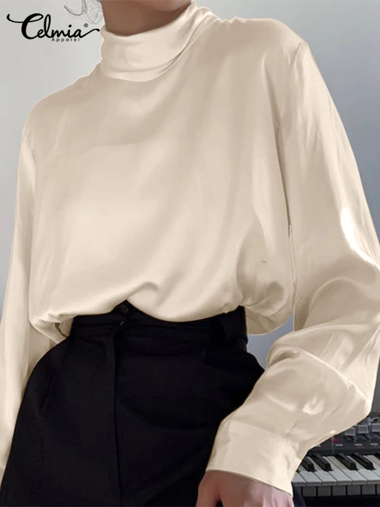 

Celmia Elegant High Collar Blouse Autumn 2022 Women Solid Satin Shirts Fashion Long Sleeve Tops Holiday Streetwear Buttons Blusa