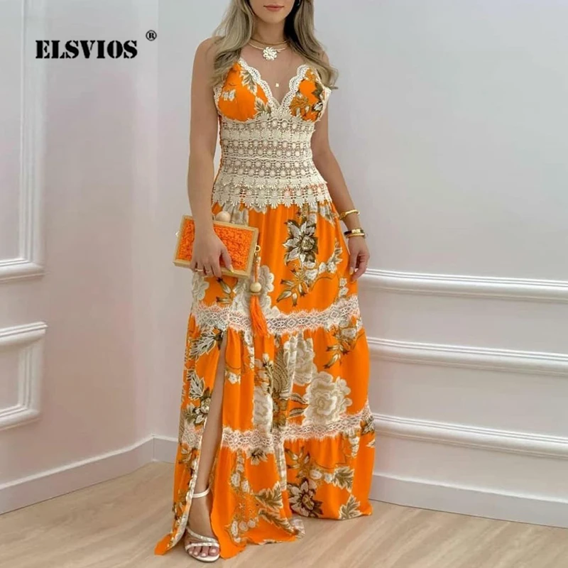 Sexy Spaghetti Strap Backless Lace Patchwork Dress Off Shoulder Maxi Party Dress Ladies Slim High Waist Summer Boho Dresses 2022