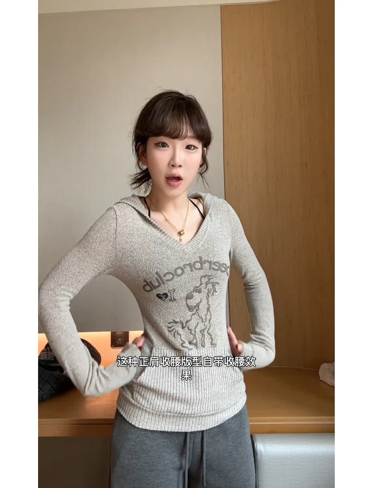 Chic Fun Puppy Print Knit Women Autumn and Winter Small Idle Sle Hood Sweater Slim fit Waist Hugging Top