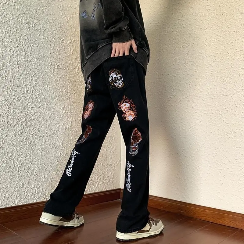 

American Vintage High Street Y2K Skull Print Jeans Spring Autumn Fashion Straight Leg Loose Pants