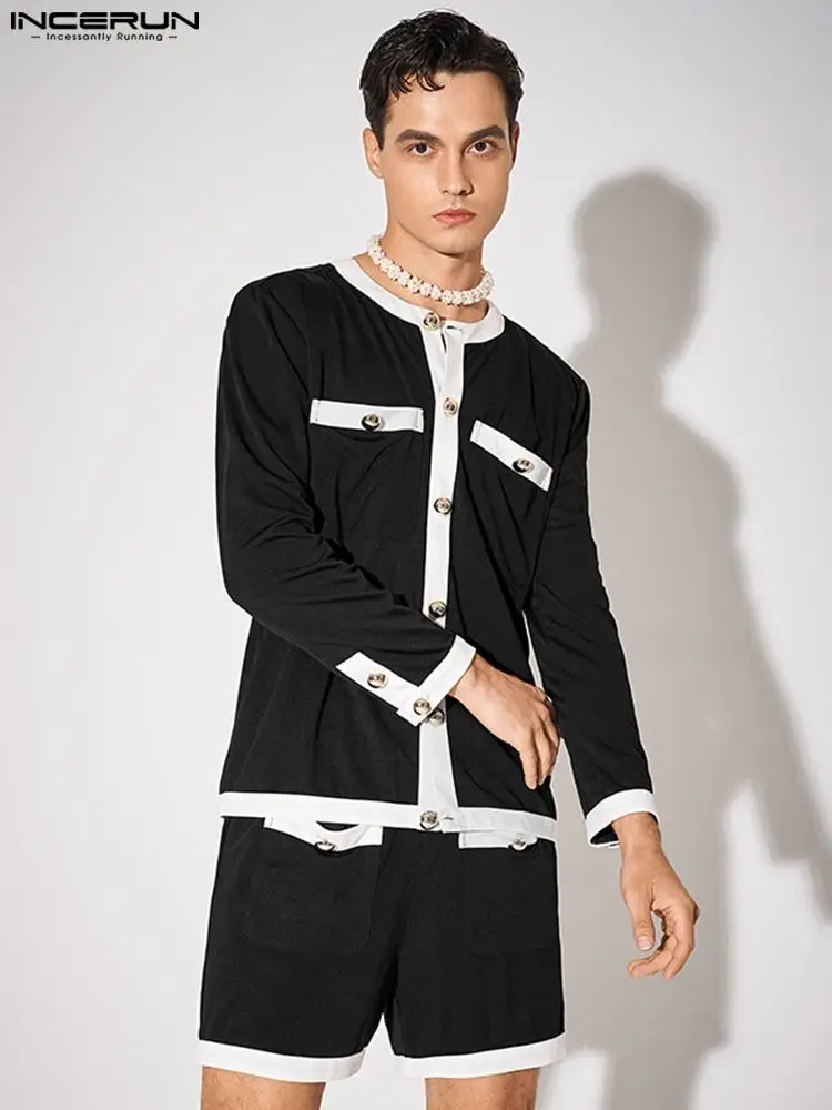 Fashion Casual Style Tops INCERUN Men's Contrast Metal Button Sets Collarless Long Sleeve Shirt Shorts Suit 2 Pieces S-5XL 2023