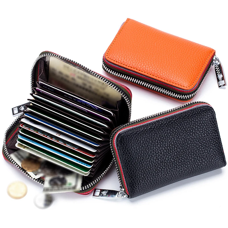 Practical Coin Card Purse Blocking Genuine Leather Wallet Women and Men's Anti-Theft Credit Card Holder Card Cover Zipper 1X