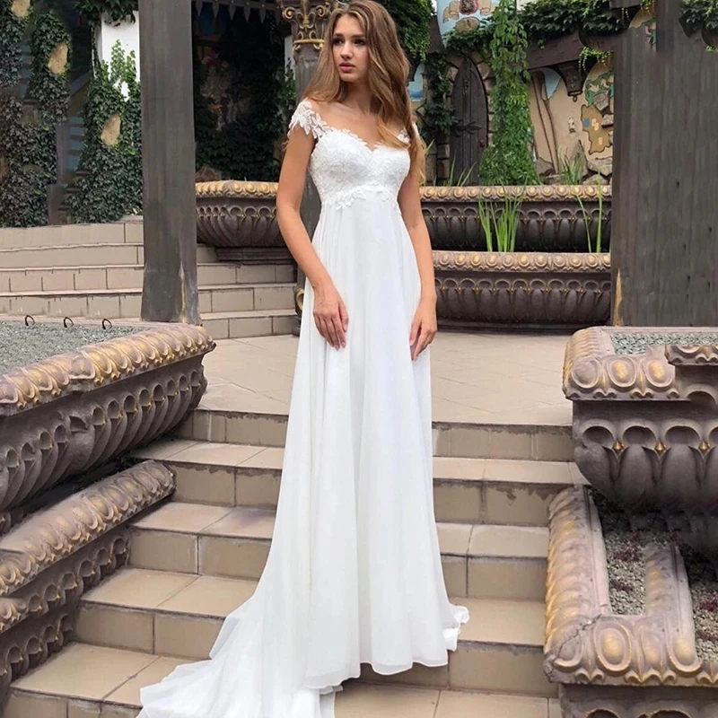 Купи Elegant A-Line V-Neck Wedding Dress Sexy Cap Sleeve Lace Appliques Bridal Gown Illusion Tulle Backless Lace Up Chiffon Train за 4,714 рублей в магазине AliExpress