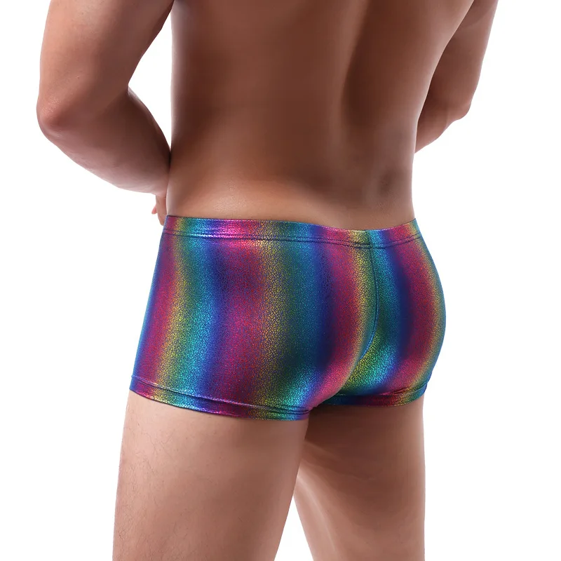 

Mens Underwear Rainbow Color Boxer Shorts Sexy Bulge Pouch Boxershorts Faux Leather Males Cueca Low Waist Underpants