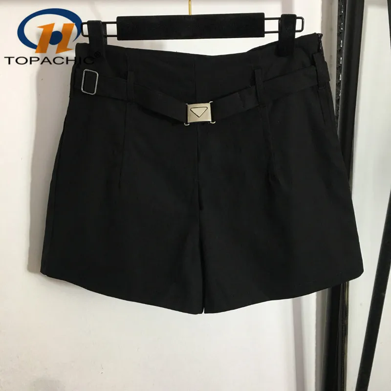 

8.8 High Quality Metal Button Belt Collect Waist Straight Fashion Casual Shorts Women Black White 2 Color