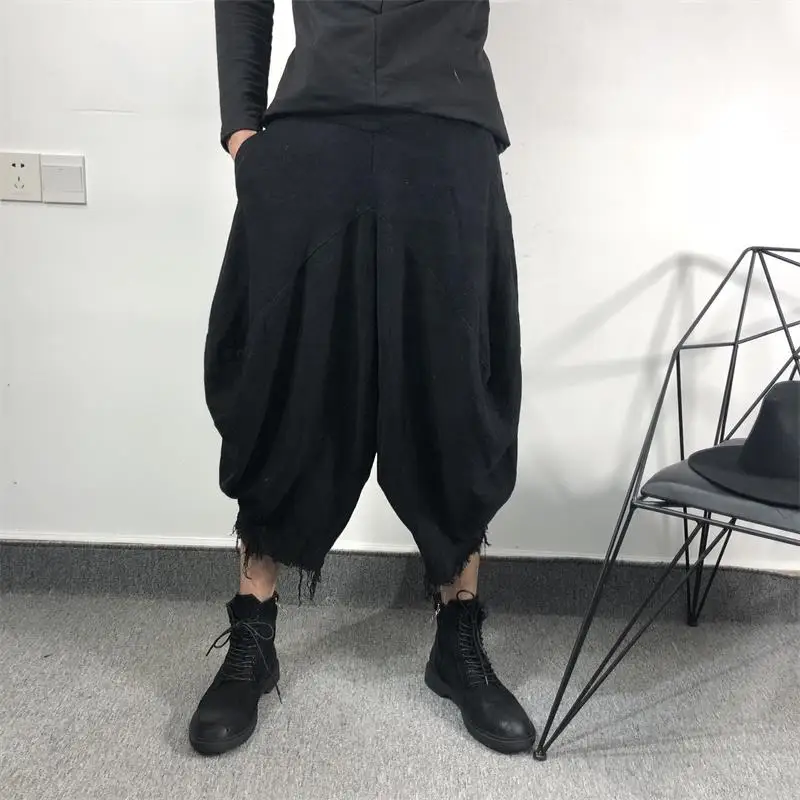 Spring And Summer Thin Japanese Dark Style Wide Leg Pants With Raw Edge, Fashionable Stitched Seven Point Harun Pants