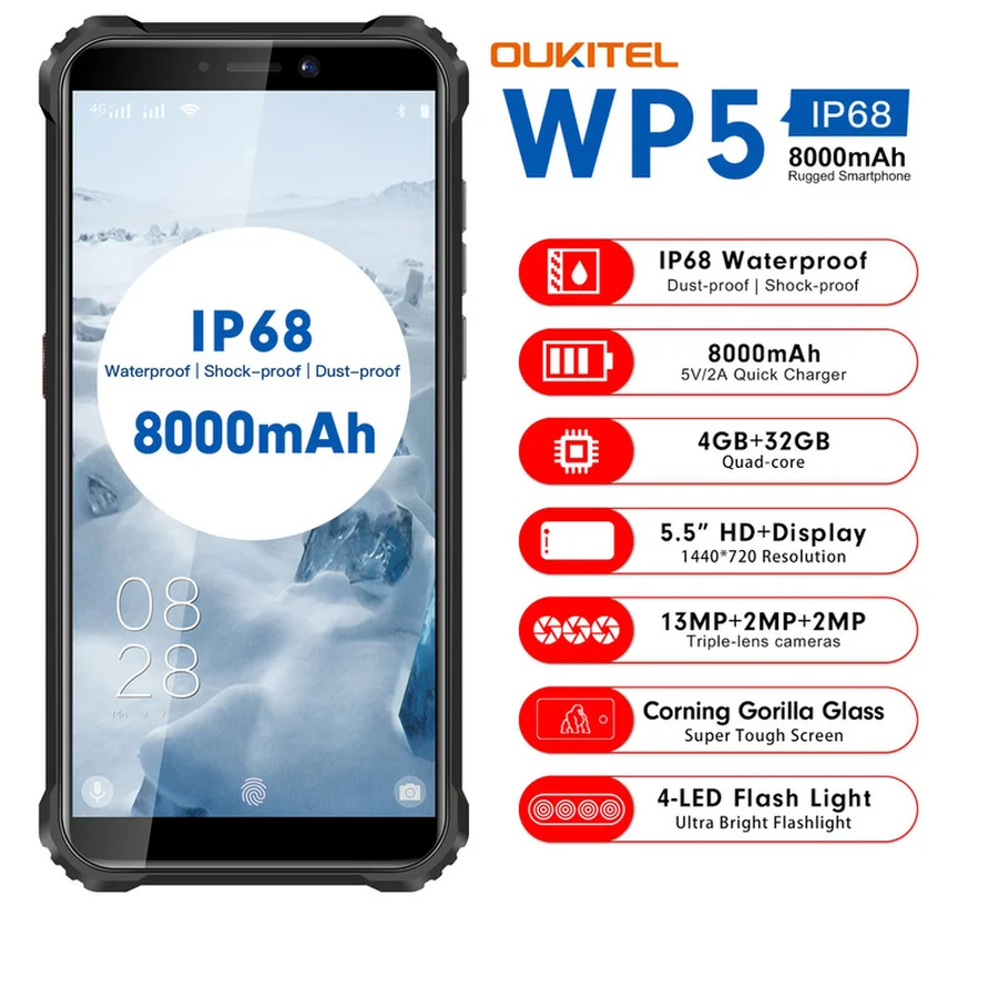 

OUKITEL WP5 Mobile Phone 5.5" 4GB RAM 32GB ROM MT6761 Quad Core Android 9.0 8000mAh 13MP Face/Fingerprint ID IP68 Smartphone