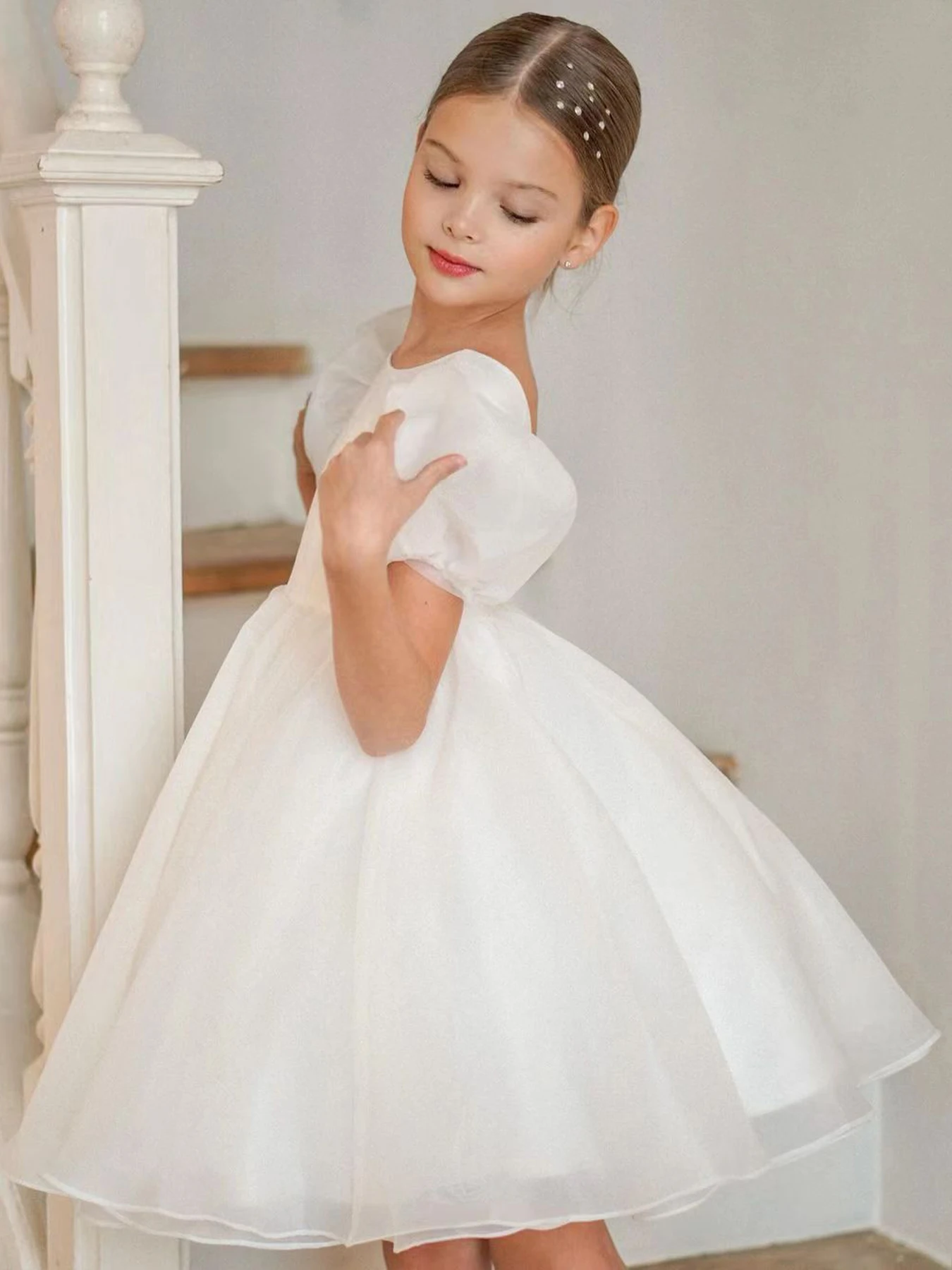 Biała suknia ślubna dla dziewczynek mitun Półdługość do kolan Poliester Dekolt w kształcie litery V Solidny wzorzyste z kolor...