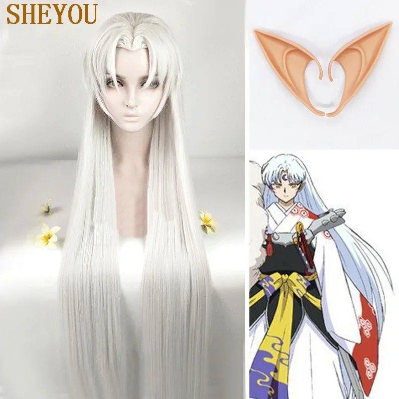 39 дюймов 100 см длинный парик Inuyasha Sesshomaru с ушками термостойкие косплей серебристые