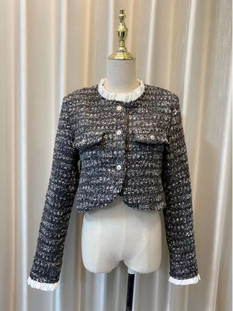 

Женское твидовое короткое пальто, однобортное шерстяное пальто с круглым вырезом и длинным рукавом, шикарная верхняя одежда для осени и зимы