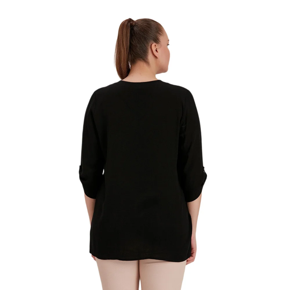 Fierte Women Plus Size Blouse Rg4312 Round Lacing Collar Embroidery Detail Folding Sleeve Summer Casual Black Green Indigo