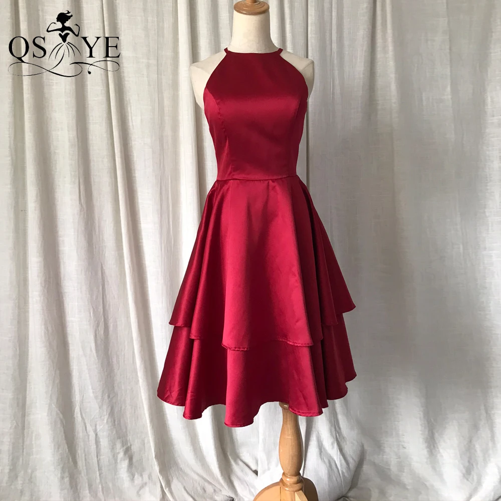 

QSYYE Red Satin Short Homecoming Dresses Layers Sexy Mini Prom Gown Halter Neck Party Dress A line Backless Evening Gown