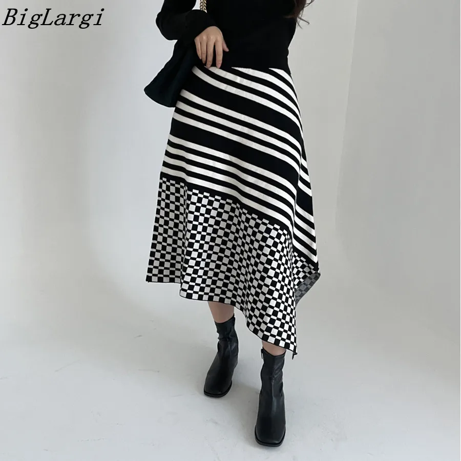 

Вязаная Асимметричная клетчатая и полосатая шикарная юбка, Женская Повседневная офисная элегантная женская юбка, винтажная длинная юбка в Корейском стиле