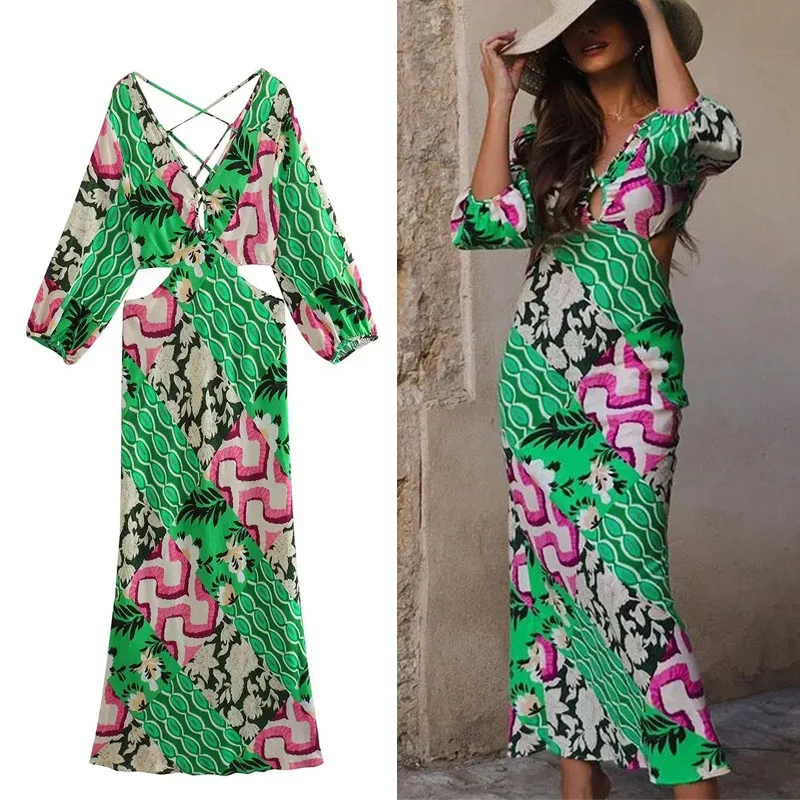 

TRAF Women's Green Print Midi Dress V Neck Long Sleeve Dresses Waist Hollow Back Cross Lace Up Female Beach Casual Robe Vestidos