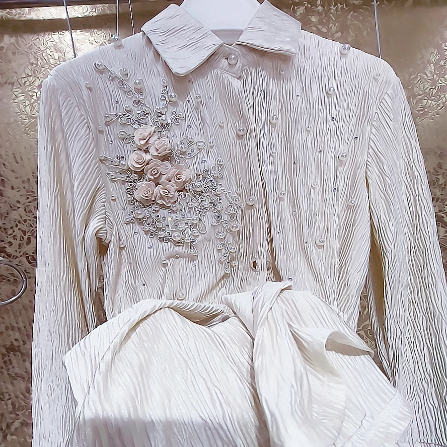 

Рубашка из искусственного шелка с жемчужинами и бусинами, 3D рубашки с цветочным рисунком и бриллиантами, осветляющие блузки с цветочной выш...