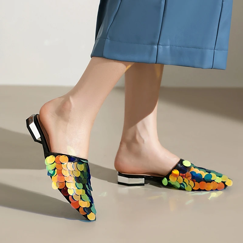 Туфли женские блестящие с острым носком натуральная кожа низкий каблук большой и