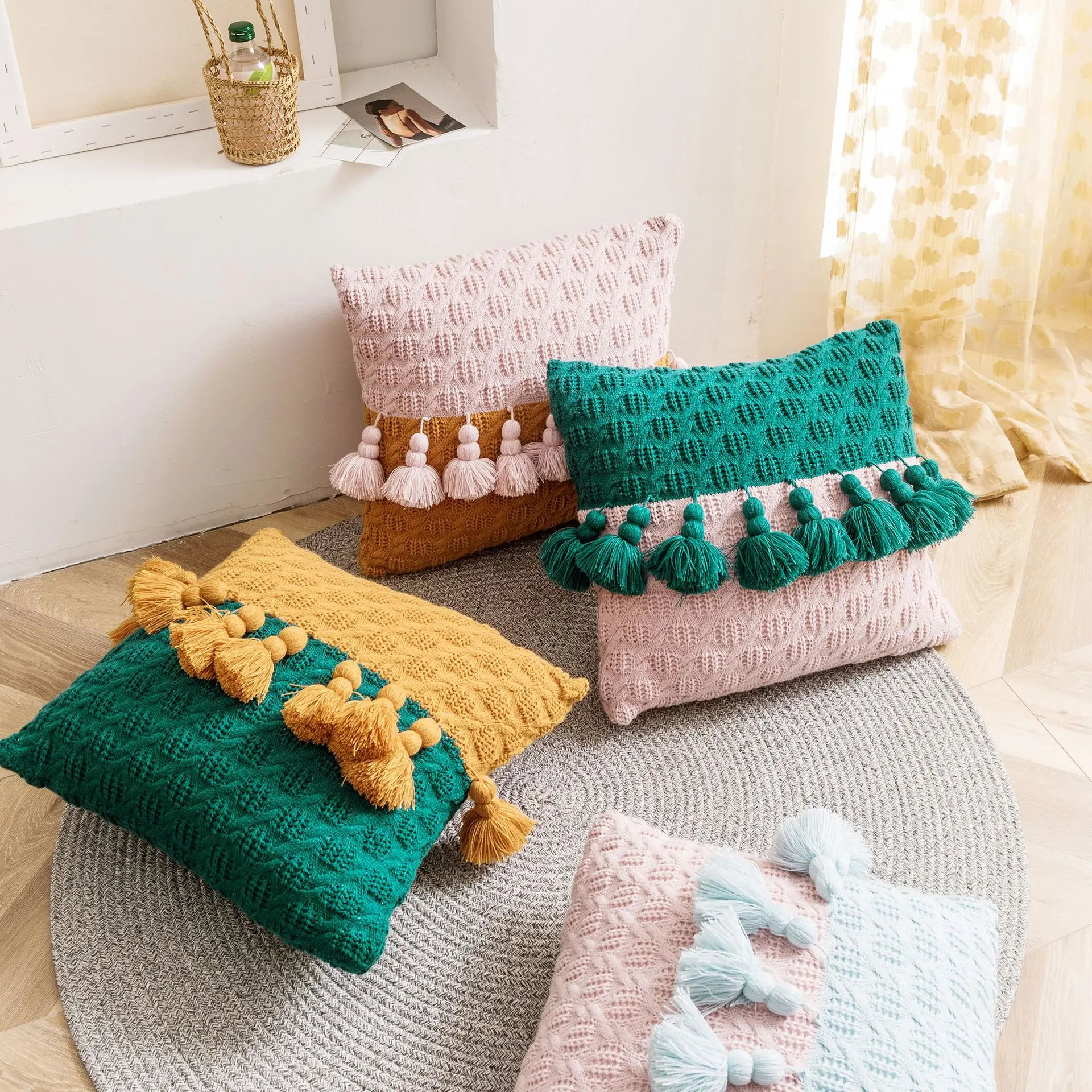 

Ins Wind Tassel Nordic Knitted Pillowcase Cushion Cushion Car Travel Office Sofa Home Soft Accessories Pillow Cover