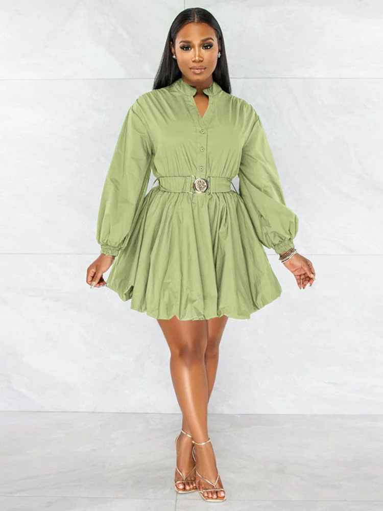 

WUHE Single Breasted Lapel Neck Big Swing Ball Gown Shirt Smock Dresses for Women Winter Long Sleeve with Belt Autumnn Dress