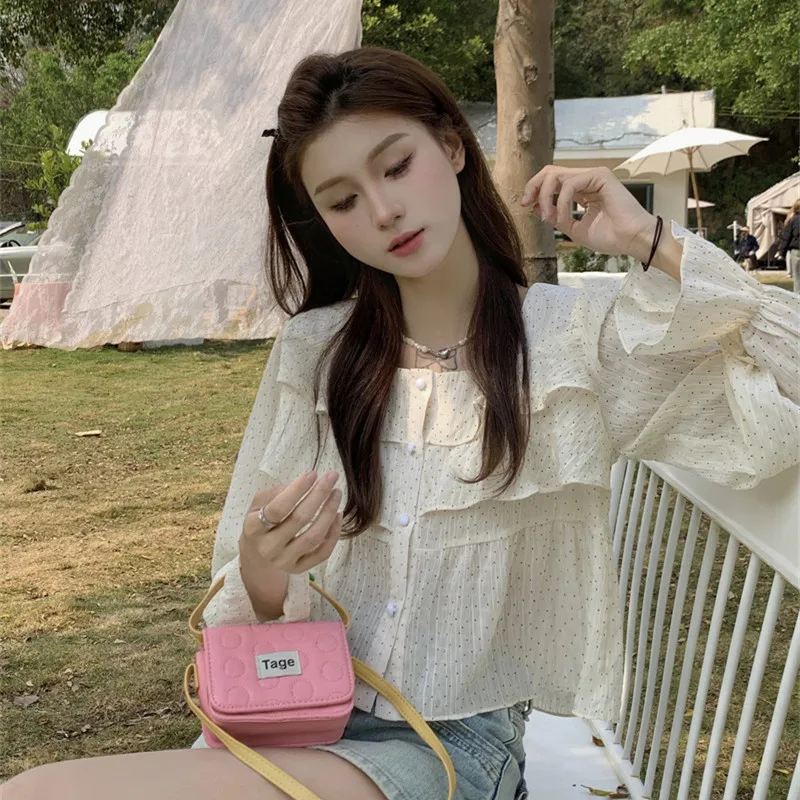 Рубашка женская прямая в горошек милая блузка с оборками топ квадратным вырезом