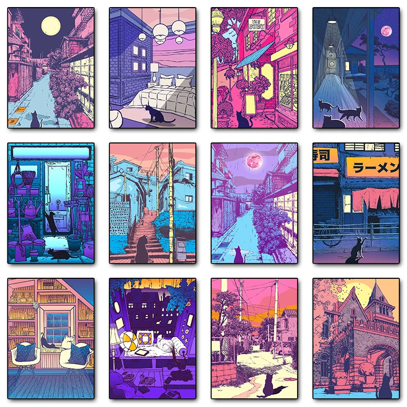 Аниме Город Поп-плакат ИЛЛЮСТРАЦИЯ Современный Стиль Холст С Принтом Без Рамы