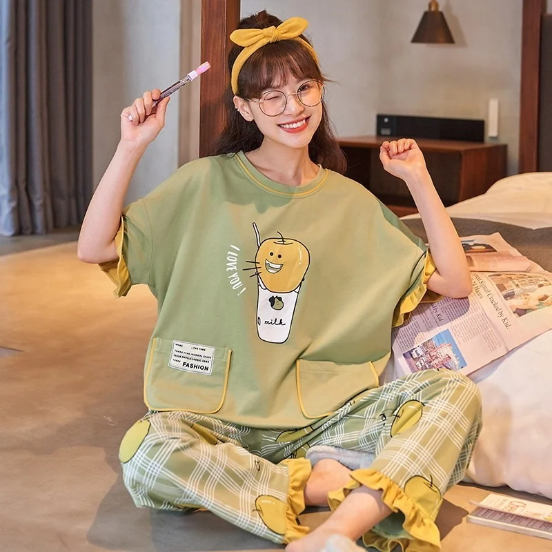 QWEEK Kawaii Pajama Clothing Sets Women Summer Sleepwear Cotton Pijamas Ruffles Apple Cartoon Print Pyjamas Plaid Pants Roomware