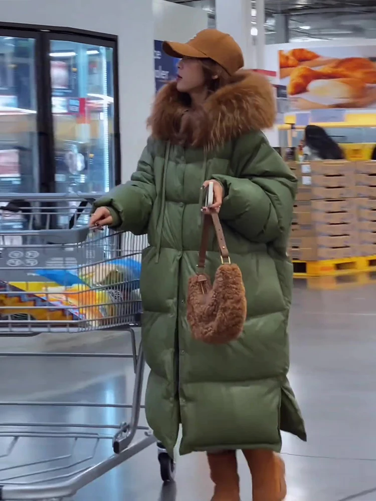 Женский пуховик с большим меховым воротником Длинная утепленная куртка выше