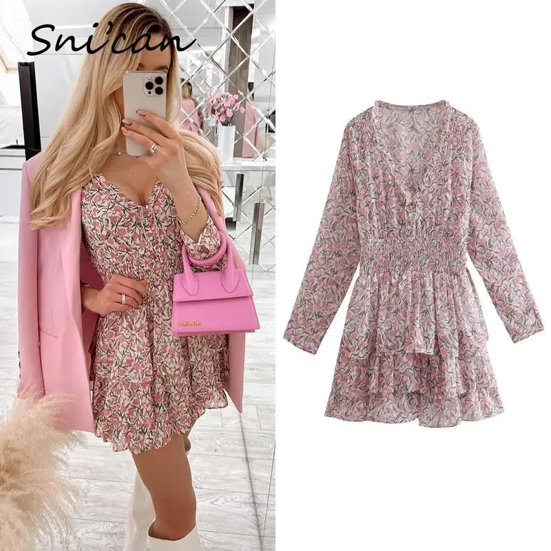 

Pink Floral Cascading Ruffles Dress Women Spring Summer Vintage Long Sleeve V Neck Elastic Waist Chiffon Causal Women Mini Robe